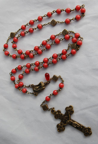 Pocket-sized Traditional Heirloom-quality Rosary, 6mm coral beads
