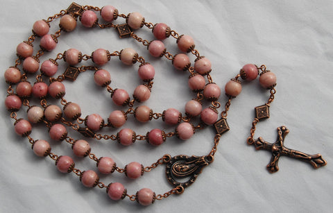 Oversized Traditional Heirloom-quality Rosary, 8mm rhodochrosite and copper beads