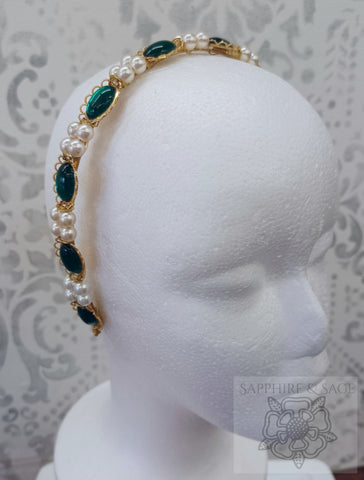 RTS (ready to ship) - Diana Jewel and Pearl Cluster Headband, green