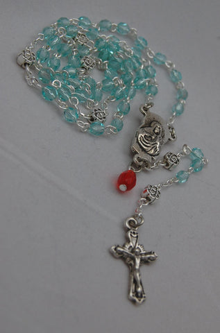 Pocket-sized Traditional Heirloom-quality Rosary, 4mm aquamarine glass beads - READY TO SHIP