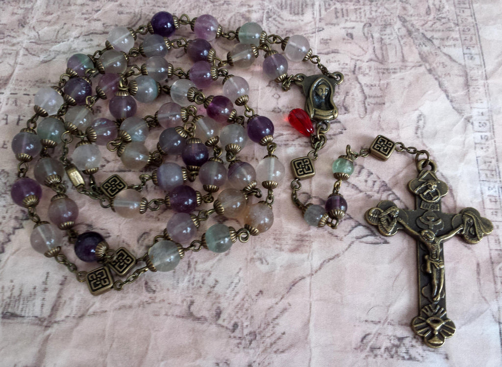 Oversized Traditional Heirloom-quality Rosary, 8mm rainbow fluorite beads