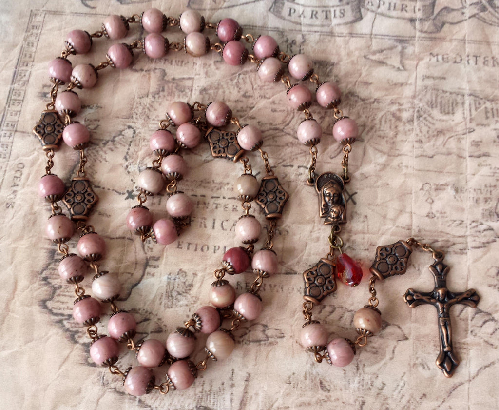 Oversized Traditional Heirloom-quality Rosary, 8mm rhodochrosite and copper beads
