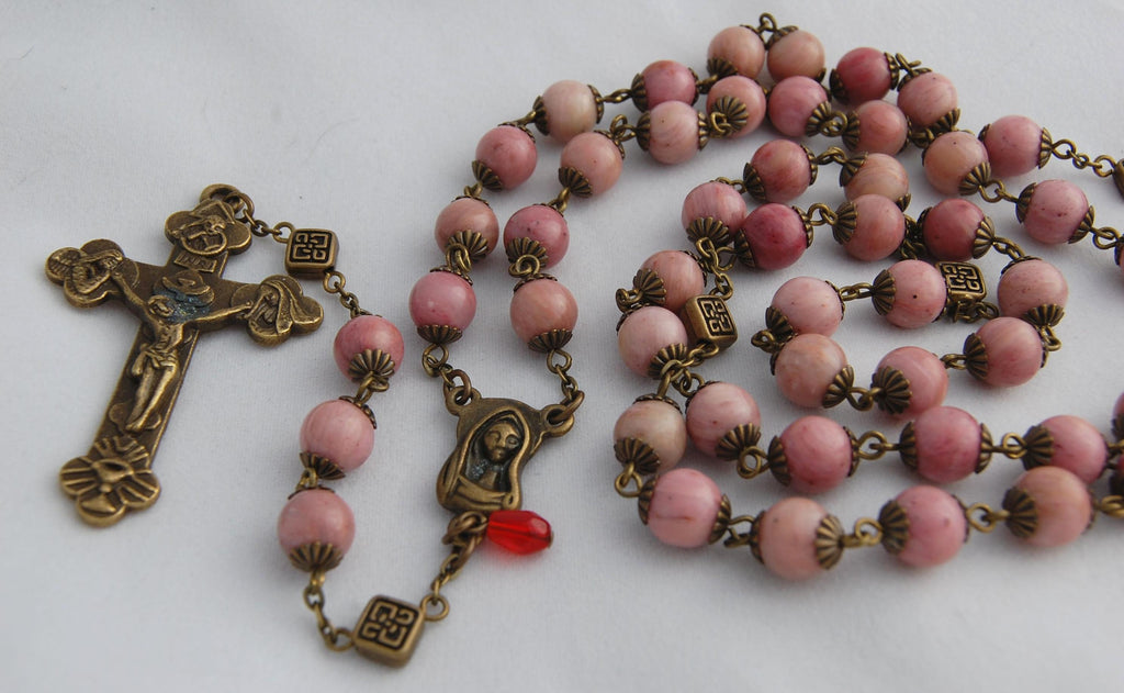 Oversized Traditional Heirloom-quality Rosary, 8mm rhodochrosite and bronze beads