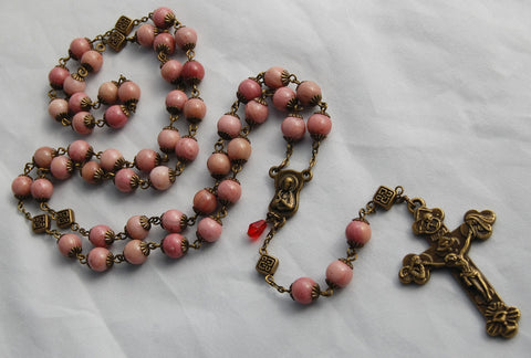 Oversized Traditional Heirloom-quality Rosary, 8mm rhodochrosite and bronze beads
